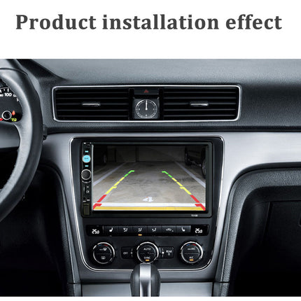 Car dashboard with a navigation system displaying a rearview camera view.