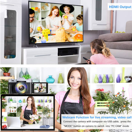 Smart home device with camera and screen displaying a family and a woman in an apron.