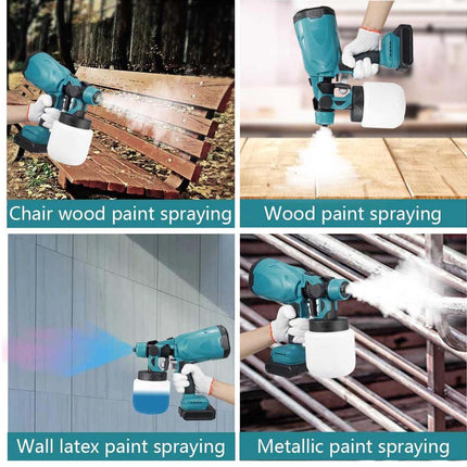 A 2x2 collage showing a teal and black cordless paint sprayer in use: chair wood paint spraying, wood paint spraying, wall latex paint spraying, and metallic paint spraying, each with a text label below.