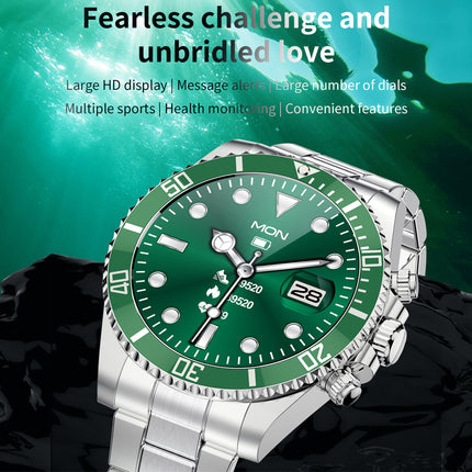 A silver stainless steel wristwatch with a green dial and green bezel, displayed against an underwater-themed teal background with promotional text at the top.