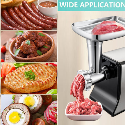 Collage of food items with a meat grinder on a beige background, labeled 'WIDE APPLICATION'.