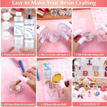 Step-by-step guide to resin crafting with products and tools on a pink background