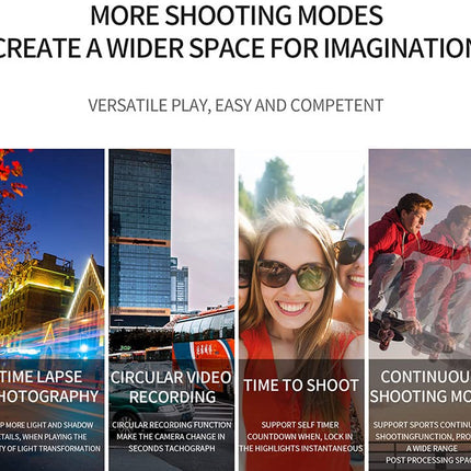Promotional image with text about shooting modes and lifestyle images on a white background.