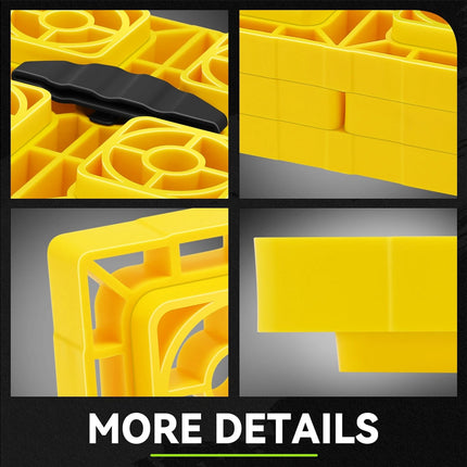 A four-panel close-up collage showing yellow plastic interlocking blocks or components, with a black curved piece in one panel and the text 'MORE DETAILS' on a black background at the bottom.