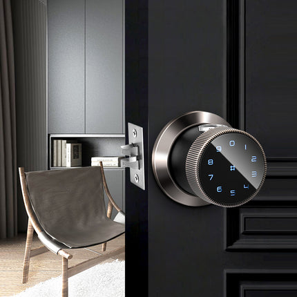 Digital door handle on a modern black door with a chair and curtain in the background