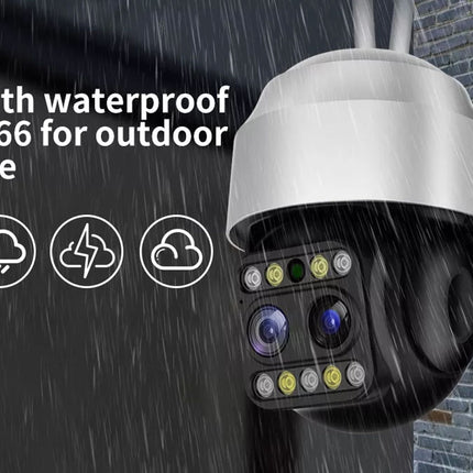 Outdoor security camera with waterproof IP66 rating in a rainstorm.