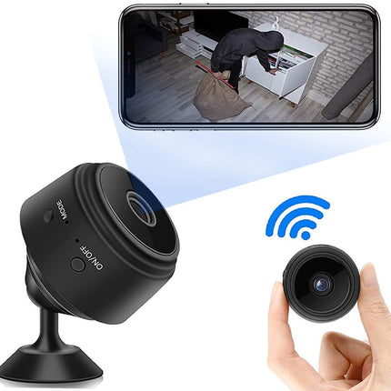 Smart camera with wireless connection icon and smartphone displaying a surveillance scene.