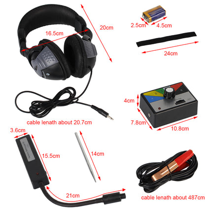 Measurement chart of a gaming headset and related components on a white background