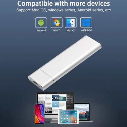 White device with compatibility icons for Android, Windows, Mac OS, and Windows 8/10 on a blue background.