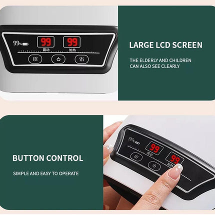 An infographic-style product feature image for a digital heating pad or similar control device. The top panel shows a close-up of the large black LCD display screen with red numbers and buttons, captioned 'LARGE LCD SCREEN' and 'THE ELDERLY AND CHILDREN CAN ALSO SEE CLEARLY.