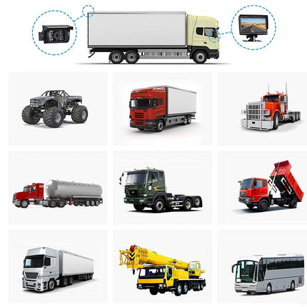 Various types of trucks and buses on a white background