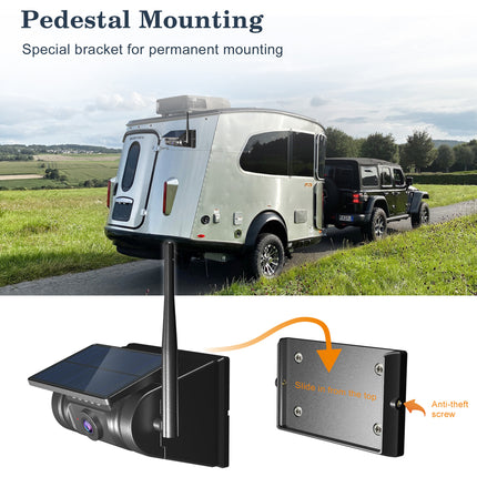 Pedestal mounting system for a trailer with a truck towing it, and close-up of the mounting bracket.