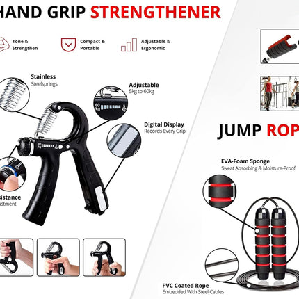 Hand grip strengthener and jump rope with features highlighted on a white background