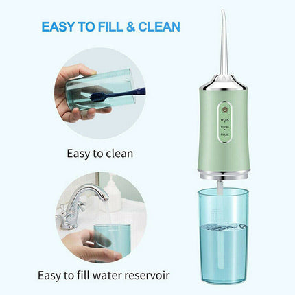 Portable water flosser with text indicating ease of filling and cleaning on a white background
