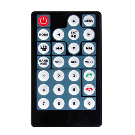 A black rectangular remote control with a blue-gray grid of round buttons, featuring white labels and red, green, and blue function icons, shown on a plain white background.