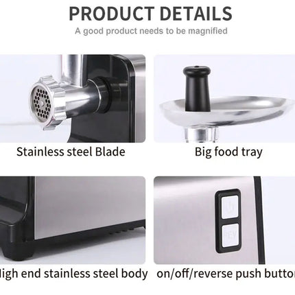 Product details of a meat grinder with stainless steel blade, big food tray, high-end stainless steel body, and on/off/reverse push button.