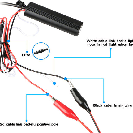 A brake light wiring adapter with a black cylindrical module, red and white cables, alligator clips, and a fuse, shown on a white background with blue callout lines and text explaining cable colors and function.