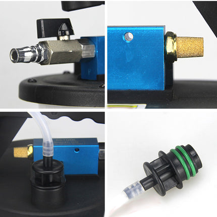 A four-panel close-up collage showing details of a small pump or injector component: a metal fitting with a black knob, a blue metal block with a brass connector, a black base with a clear tube connection, and a black connector with green rings and a clear tube.