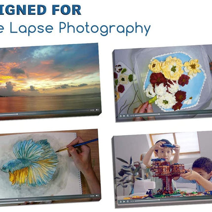 Tablet screen displaying time-lapse videos of a sunset, flowers, a fishbowl, and children playing.