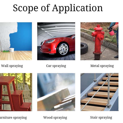 A presentation slide titled 'Scope of Application' showing six small application examples arranged in a grid: wall spraying, car spraying, metal spraying, furniture spraying, wood spraying, and stair spraying, each with a short caption below.