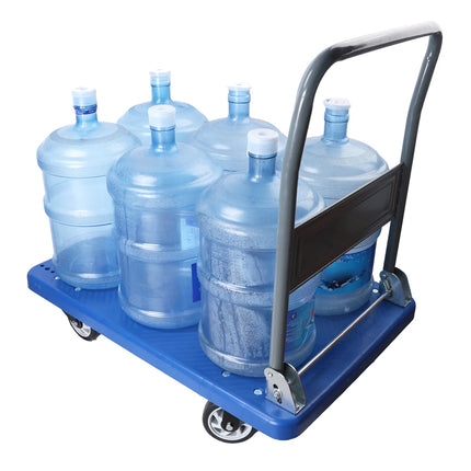 Blue cart with six large water bottles on a white background
