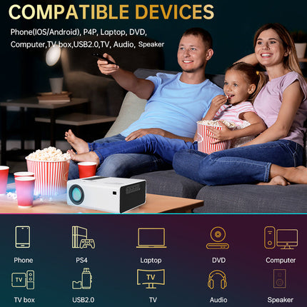 Family watching movie with projector, text about compatible devices
