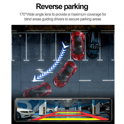 Car reverse parking system with red car and blue arrows on a gray floor.