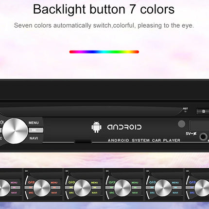 Car audio system with Android logo and colorful backlight options on a gradient background