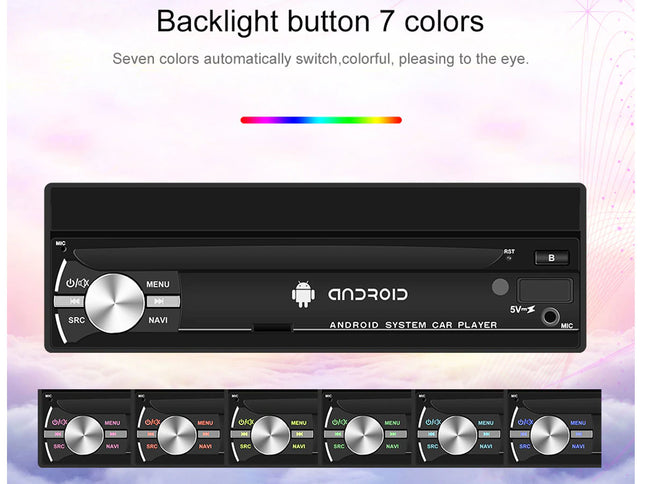 Car audio system with Android logo and colorful backlight options on a gradient background