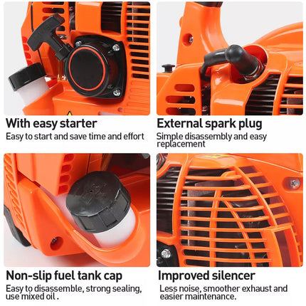 Close-up of an orange engine with features highlighted on a white background