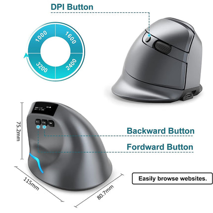 Gray ergonomic mouse with labeled buttons and DPI settings on a white background