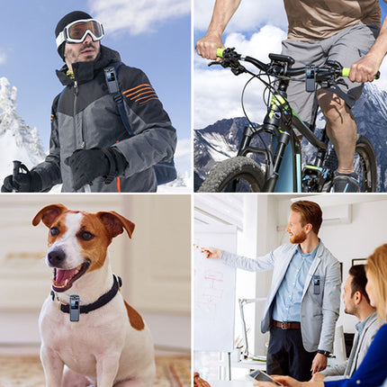 Collage of four images: person in winter gear, person on a bike, dog with a collar, and people in an office setting.
