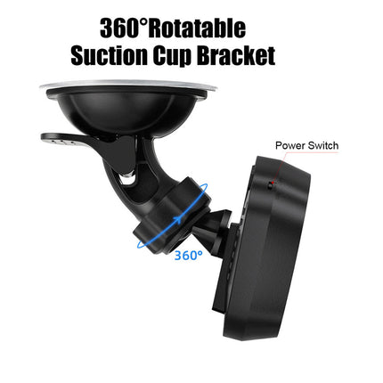 360-degree rotatable suction cup bracket with power switch on a white background