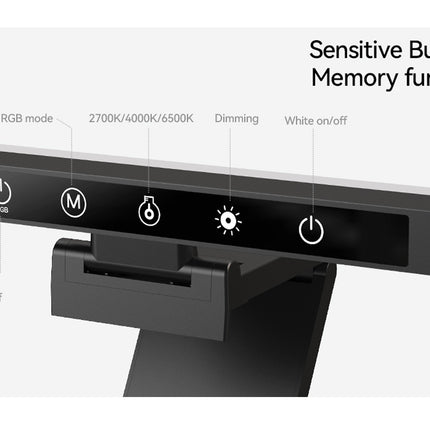 Close-up of a black computer monitor stand showing the front control panel with labeled buttons for RGB mode, 2700K/4000K/6500K, dimming, white on/off, and RGB on/off, plus text reading 'Sensitive Buttons Memory function' on a light gray background.