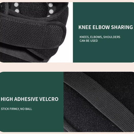 Feature callout graphic for a black athletic support brace, showing close-up views of the knee/shoulder area and velcro straps with text reading 'KNEE ELBOW SHARING' and 'HIGH ADHESIVE VELCRO'.