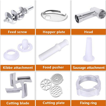 Set of meat grinder attachments with labels on a white background