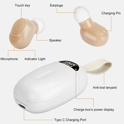 Hearing aid device with labeled parts on a white background