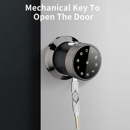 Digital door lock with key on a gray background