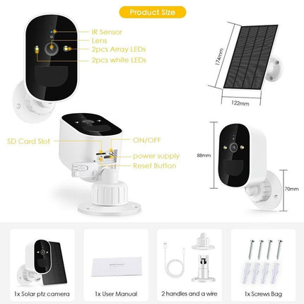 Solar security camera with labeled parts and dimensions on a white background