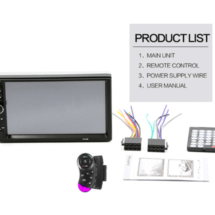 Car stereo main unit with a touchscreen display, shown with a remote control, wiring harness, power supply wire, keypad, user manual, and a product list graphic on a white background.