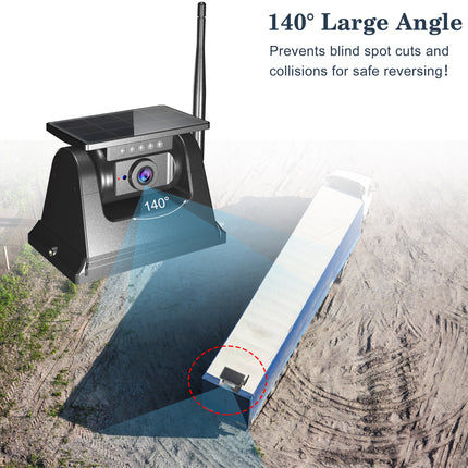 Backup camera system with 140-degree large angle for safe reversing, displayed on a mountainous landscape.