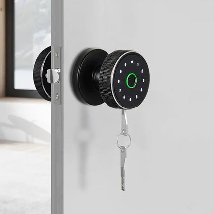 Smart door lock mounted on a door with a key displayed below.