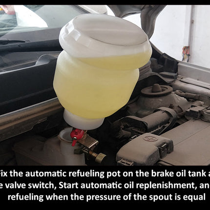 A car engine bay with a translucent yellow fluid reservoir bottle connected via tube to the brake oil tank, with a text overlay explaining automatic refueling and oil replenishment.