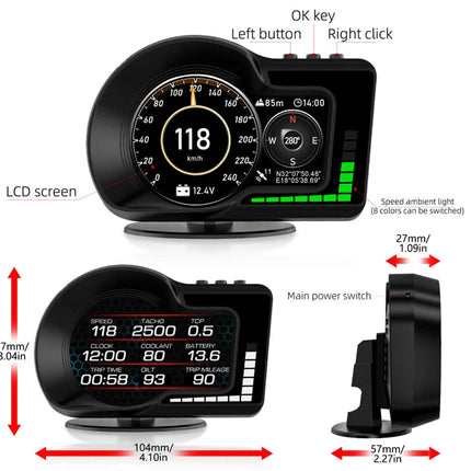 Car dashboard display with labeled parts and dimensions on a white background