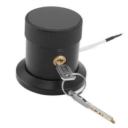 Black cylindrical lock with key on a white background