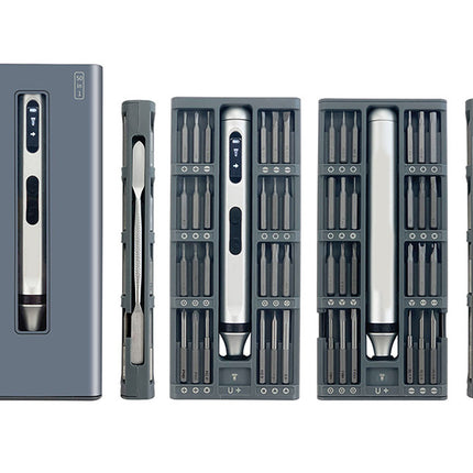 Set of screwdrivers in a gray case on a white background