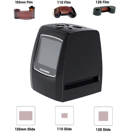 Film scanner with film and slide types displayed on a white background