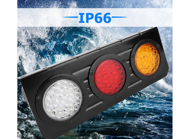 A black marine LED signal light with three circular lenses (white, red, and amber/yellow) shown against a blue ocean wave background with an 'IP66' text banner at the top.