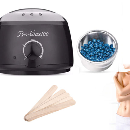 Waxing kit with black wax warmer, blue wax beads, wooden sticks, and a hand holding wax.