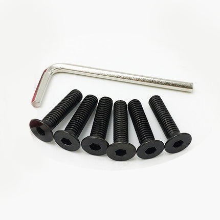 Six black hex-head screws arranged in a semi-circle with a silver L-shaped Allen wrench on a clean white background.